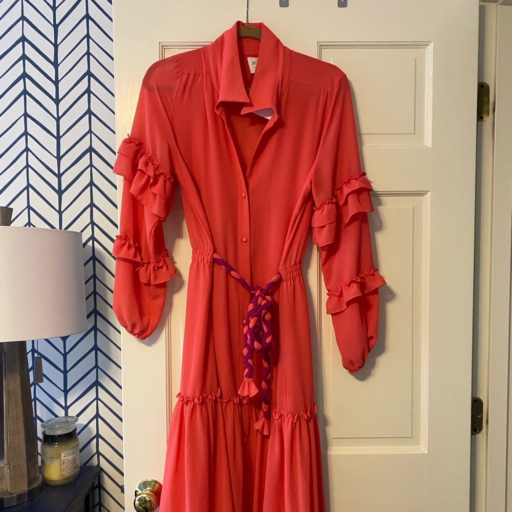 MISA Los Angeles coral ruffle maxi dress